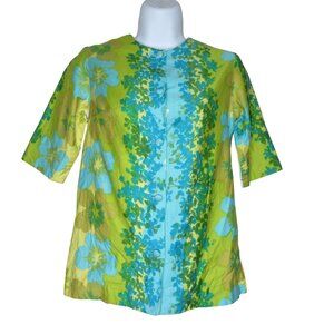 Vintage 60s Dianes Honolulu Floral Blouse Green Blue Button-Up Design Small